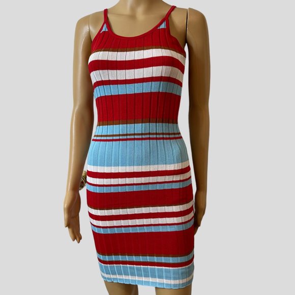 Women Ribbed Woven Bodycon Dress Small S Blue Red White Stretch Wide Stripes - Picture 2 of 15